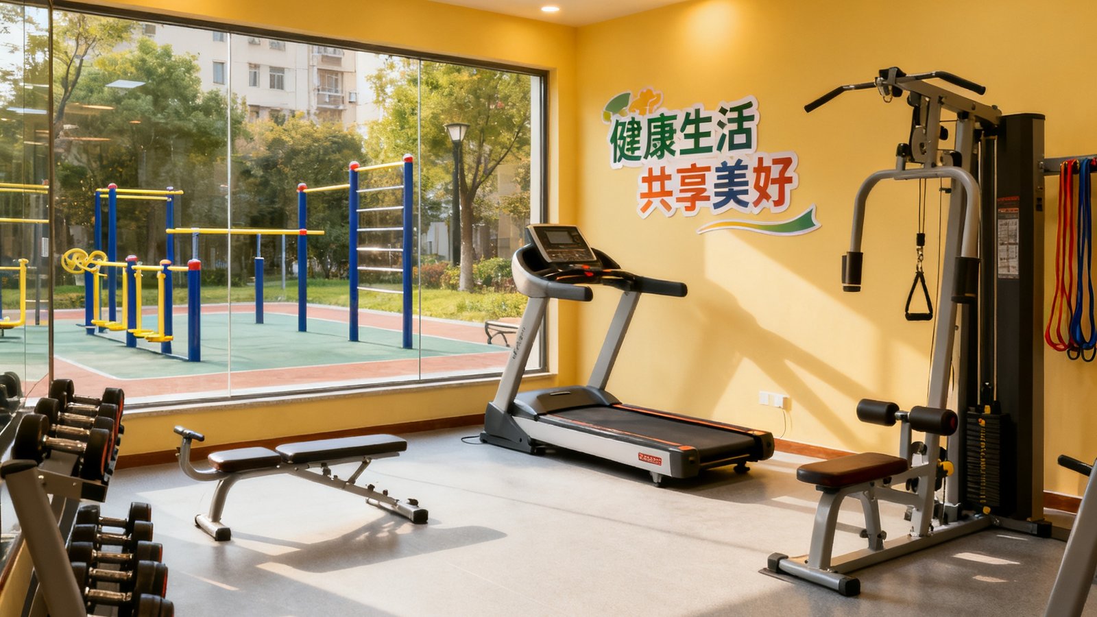 一个社区健身中心内景，配备适合各年龄段的健身器材，包括室外健身路径和室内多功能训练设备，环境温馨亲民