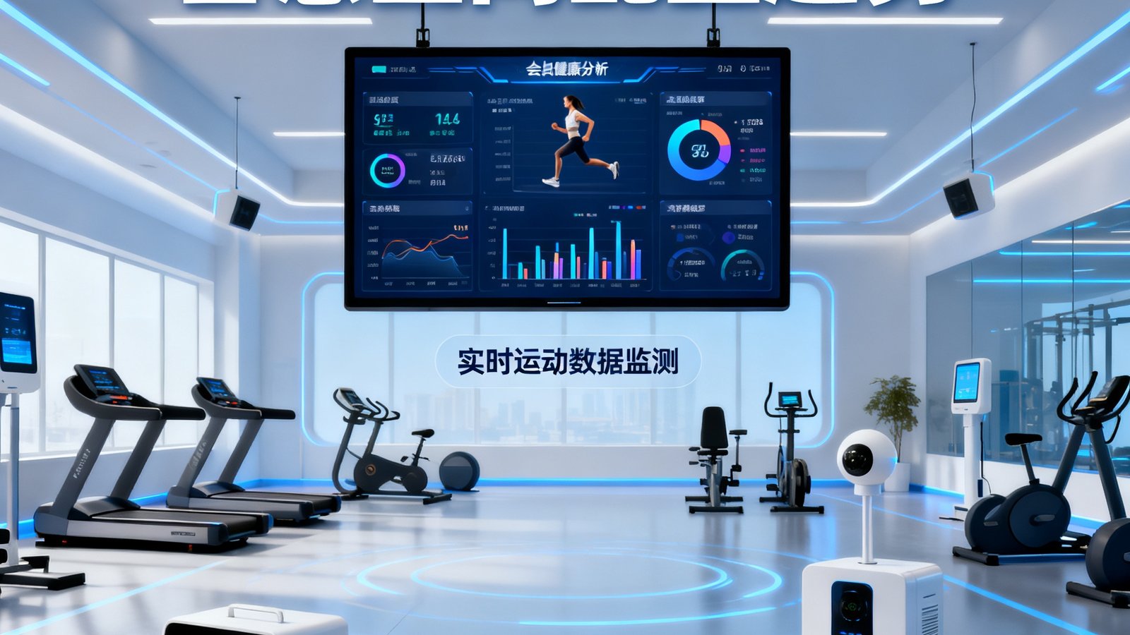 2025年社区健身中心配置趋势文章中展示的智慧健身空间设计，包含智能数据大屏和物联网设备