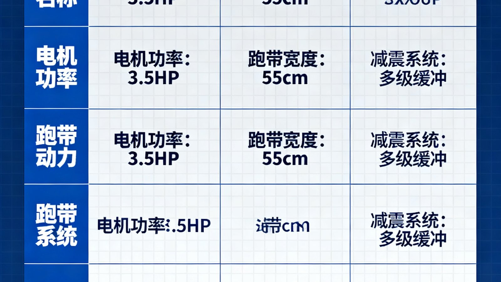 商用跑步机选购指南文章中展示的不同品牌跑步机在电机功率、跑带宽度和减震系统方面的对比